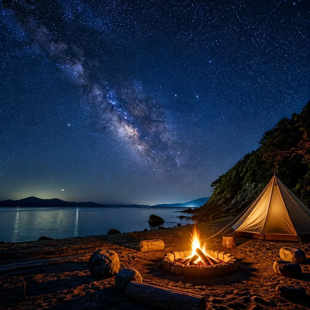 星空の下で焚き火を囲む、愛媛の美しい離島で過ごす特別なキャンプ体験