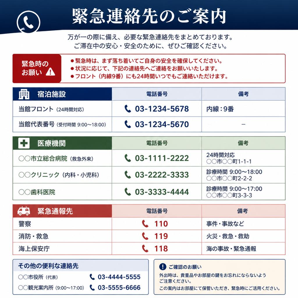 5. 緊急連絡先のまとめ：宿泊施設・医療機関・警察